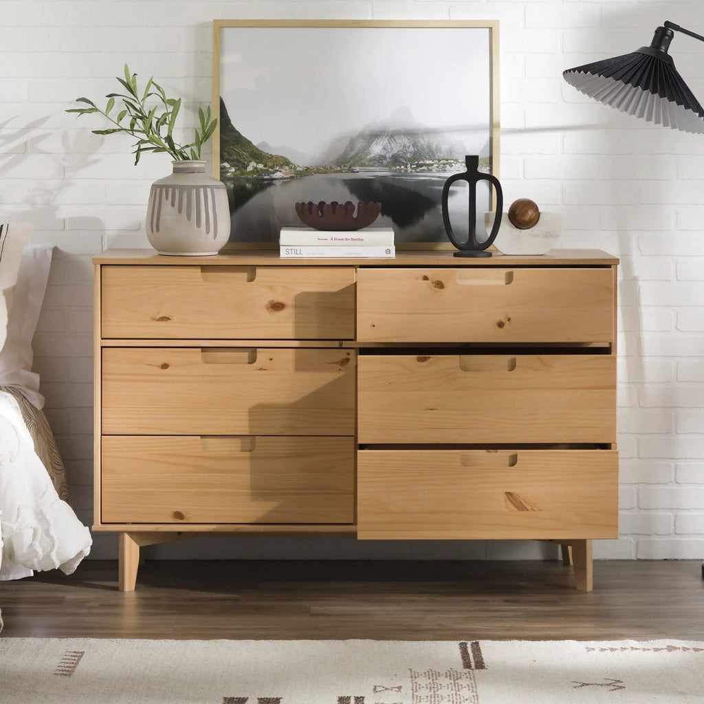 Nouveauté 2026 – Commode Walker Edison Sonoma 6 tiroirs en bois massif couleur caramel