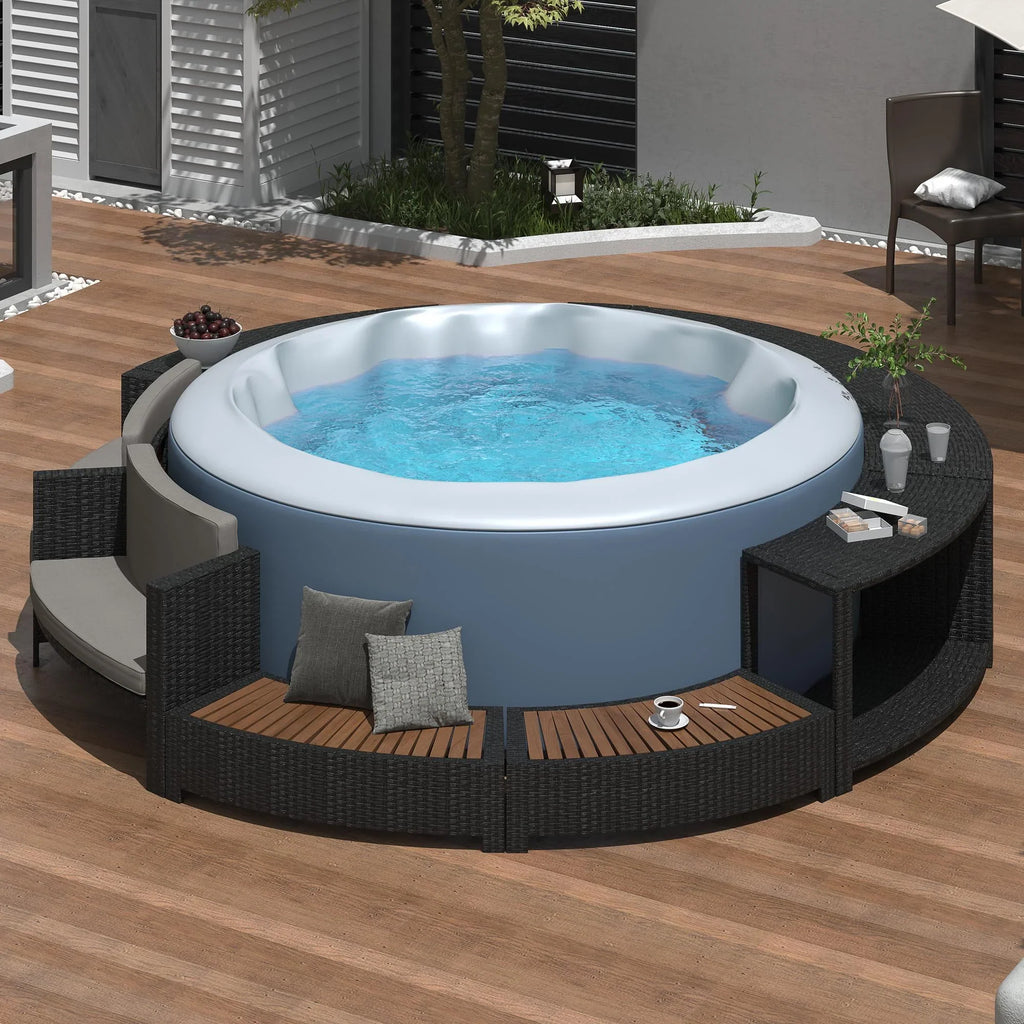 Nouveauté 2026 – Ensemble de mobilier de jardin Round pour spa , canapé d'angle en rotin avec mini-canapé, rangement pour spa en bois d'acacia massif, coussins gris