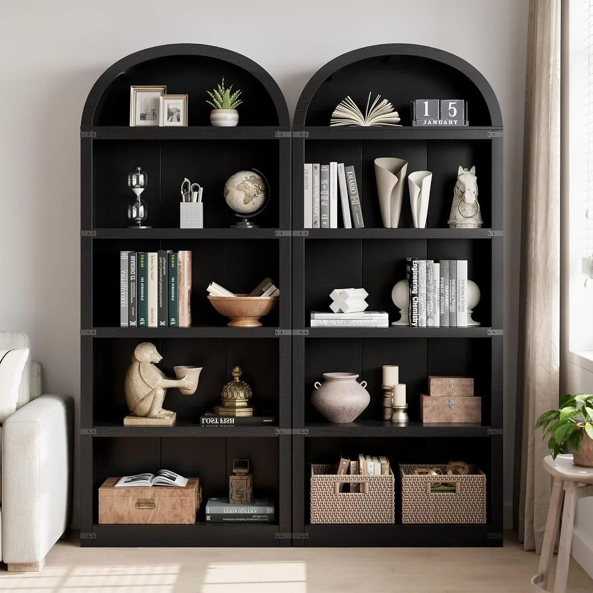 Nouveauté 2026 – Bibliothèque arquée à 5 étagères, 182 cm de haut, style ferme, étagère de rangement en bois pour la maison, le bureau ou le salon (blanche