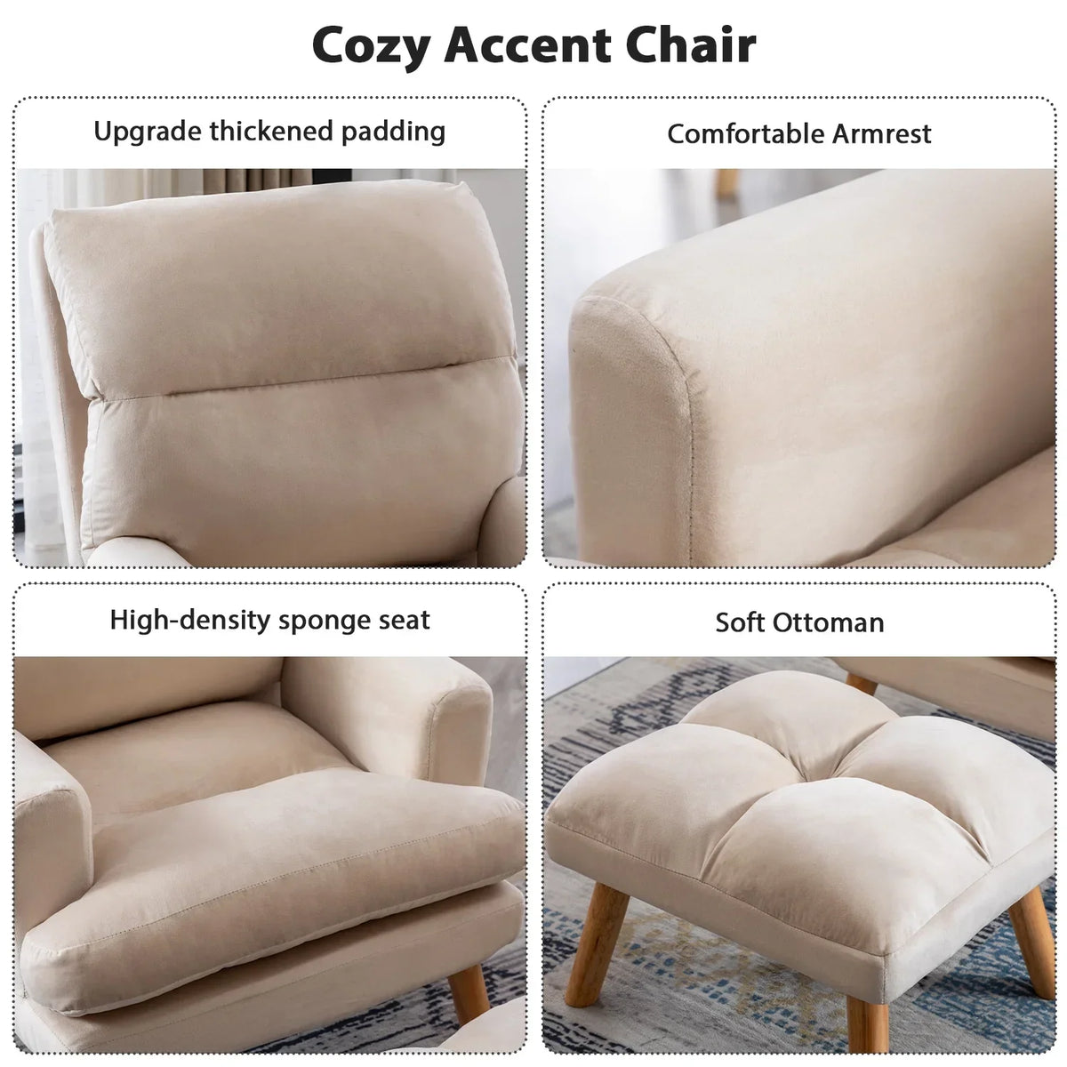 Nouveauté 2026 – Fauteuil d'appoint réglable Betier avec repose-pieds, fauteuil en velours pour chambre ou salon, fauteuil lounge confortable avec dossier rembourré et poche latérale, fauteuil de lecture moelleux, beige