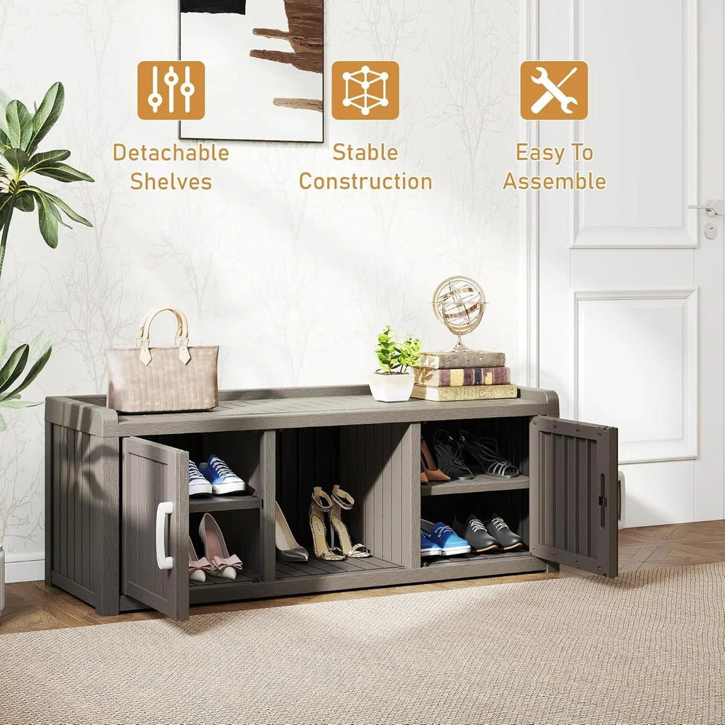 Nouveauté 2026 – Meuble de rangement à chaussures d'extérieur KAMABOKO , banc de rangement étanche et résistant aux UV pour entrée, intérieur et extérieur, avec 2 portes coulissantes de style grange et étagères réglables pour entrée, chambre, couloir