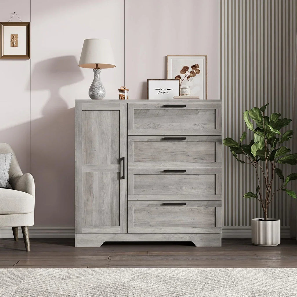Nouveauté 2026 – Armoire-penderie en bois Ataucjin avec 4 tiroirs et une porte, hauteur 110 cm (43,3 po), avec tringle, rangement pour vêtements, commode à 4 tiroirs avec placard de rangement