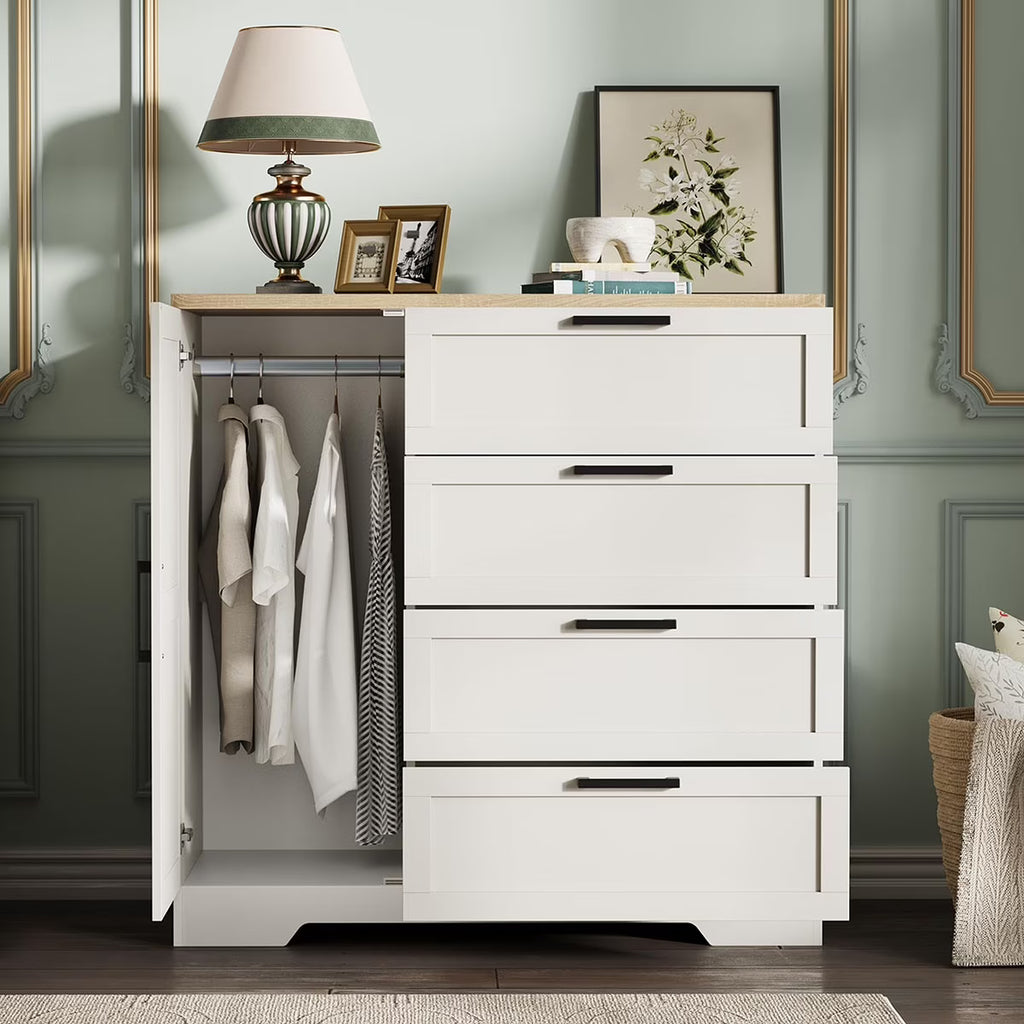 Nouveauté 2026 – Armoire-penderie en bois Ataucjin avec 4 tiroirs et une porte, hauteur 110 cm (43,3 po), avec tringle, rangement pour vêtements, commode à 4 tiroirs avec placard de rangement