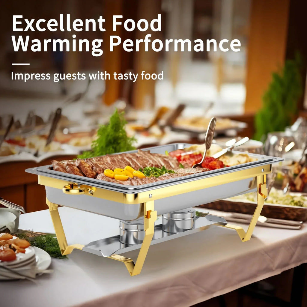 Nouveauté 2026 – Ensemble de 4 chafing dishes : Chafing dishes TINANA 8 QT en acier inoxydable pour buffet, chauffe-plats et réchauds pour fêtes, événements, mariages, camping, dîners - Or