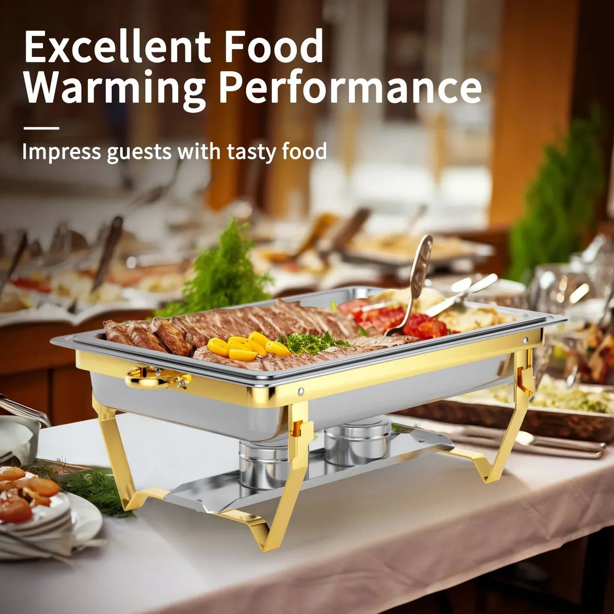 Nouveauté 2026 – Ensemble de 4 chafing dishes : Chafing dishes TINANA 8 QT en acier inoxydable pour buffet, chauffe-plats et réchauds pour fêtes, événements, mariages, camping, dîners - Or