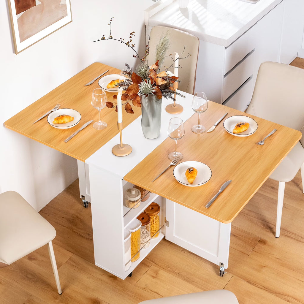 Nouveauté 2026 – Table de salle à manger pliante spanspace , table à abattants avec 6 roulettes et étagère de rangement à 2 niveaux, table gain de place pour petits espaces, table de cuisine pliante, blanche