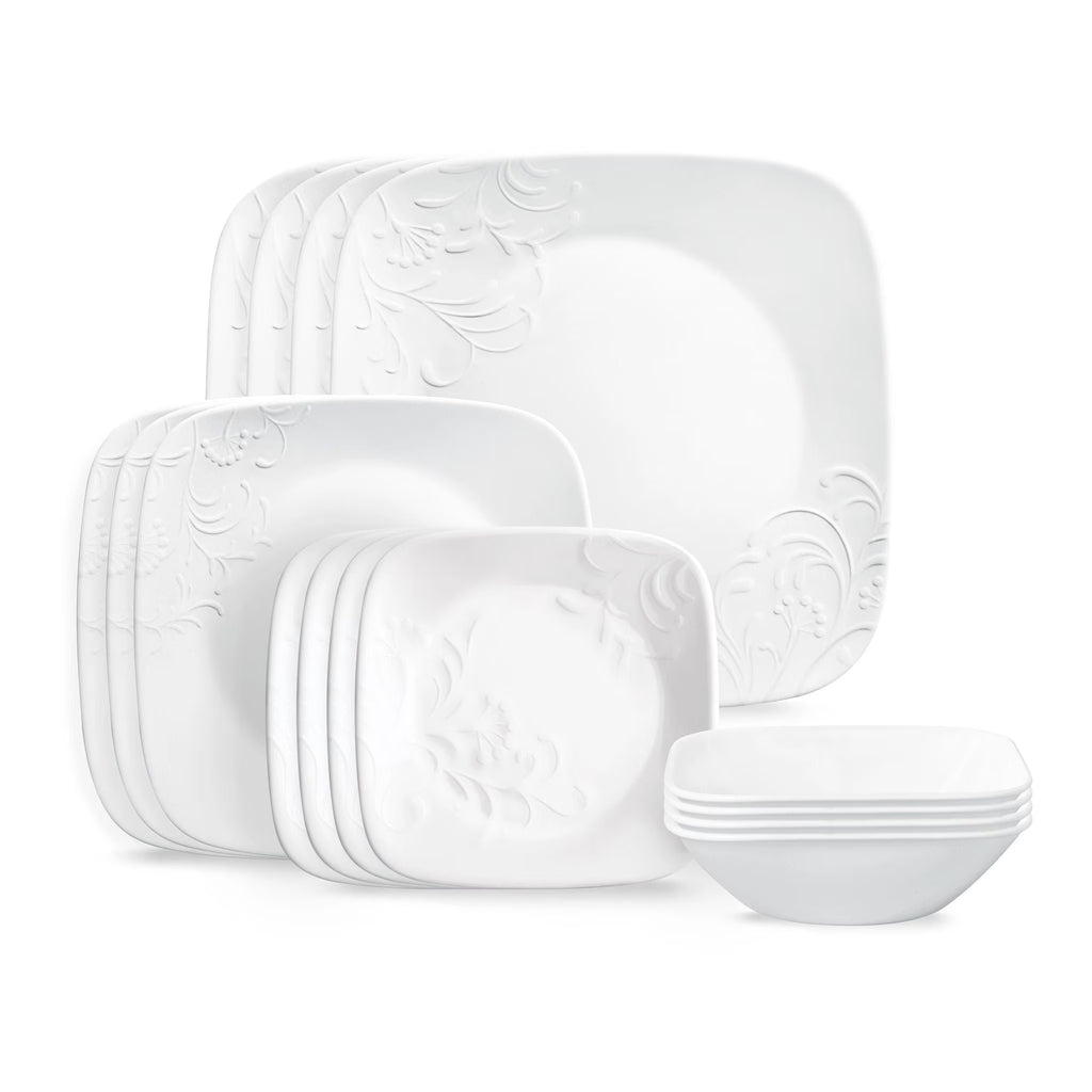 Nouveauté 2026 – Service de table carré en verre embossé Corelle Cherish 16 pièces (pour 4 personnes