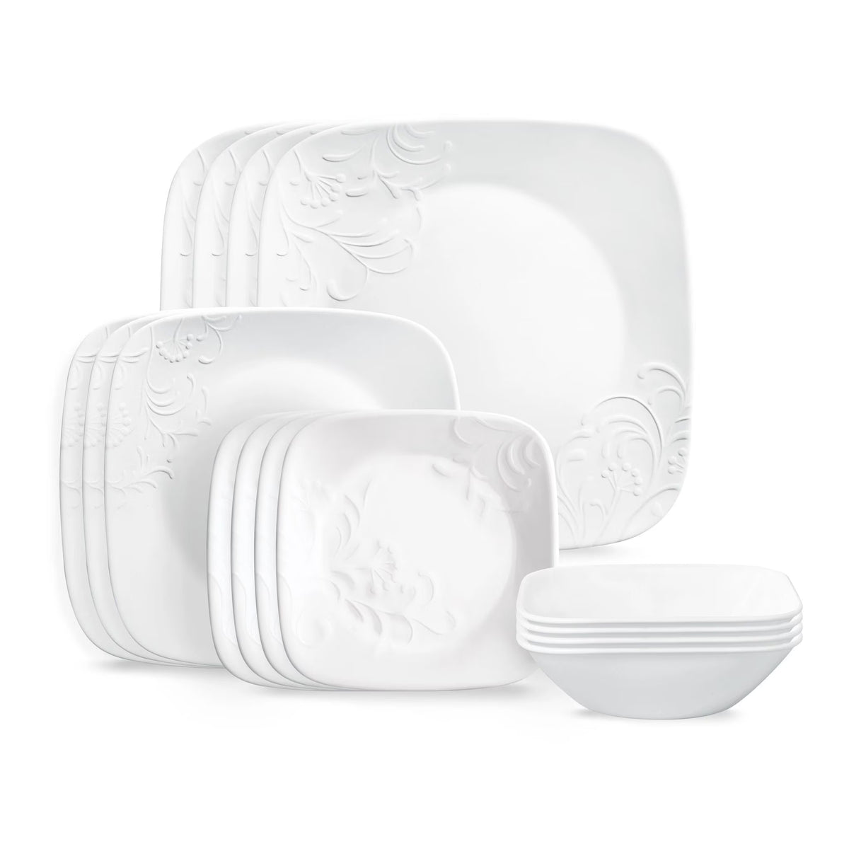 Nouveauté 2026 – Service de table carré en verre embossé Corelle Cherish 16 pièces (pour 4 personnes