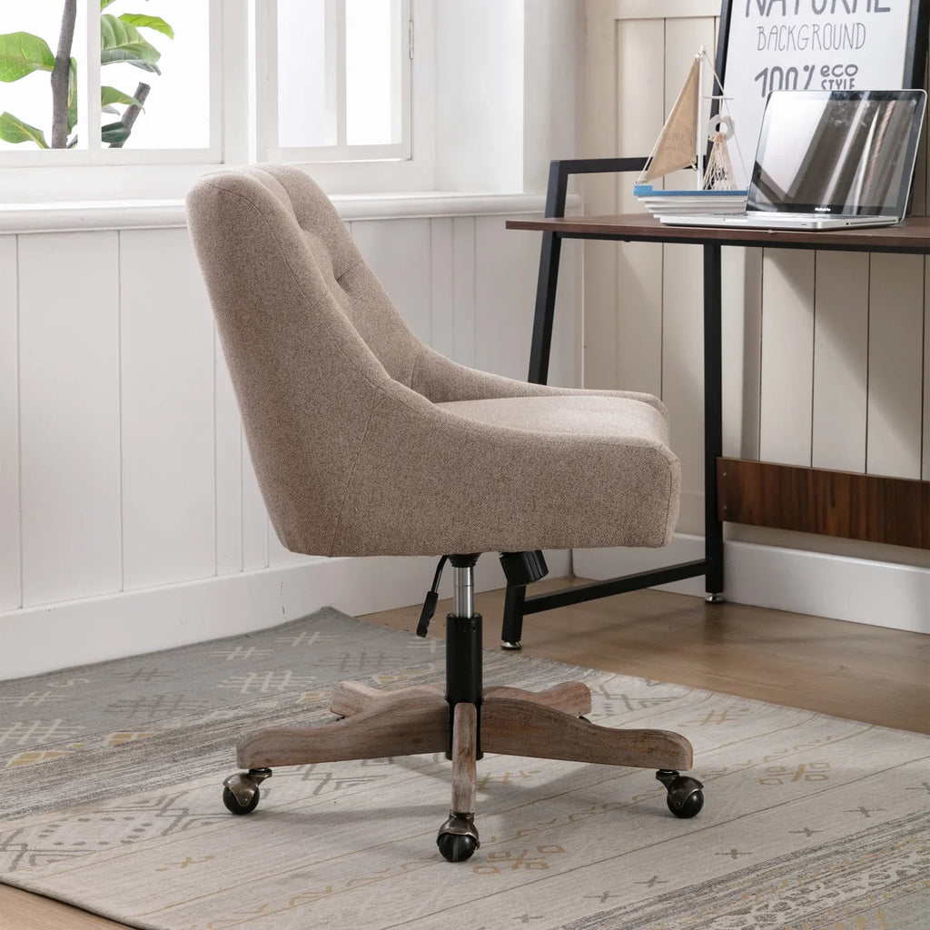 Nouveauté 2026 – Chaise de bureau pivotante à 360° , chaise de coiffeuse rembourrée avec base en bois massif et roulettes, hauteur réglable, idéale pour la chambre ou le salon, marron