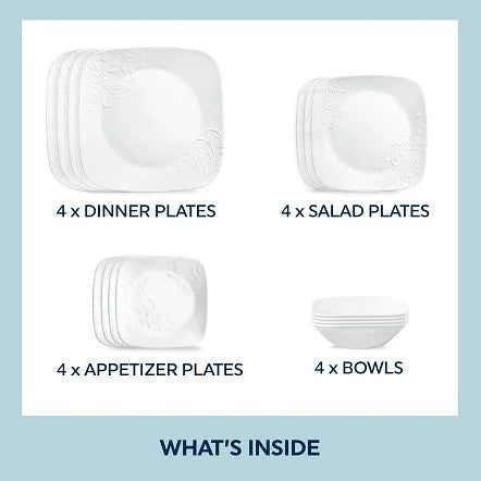 Nouveauté 2026 – Service de table carré en verre embossé Corelle Cherish 16 pièces (pour 4 personnes
