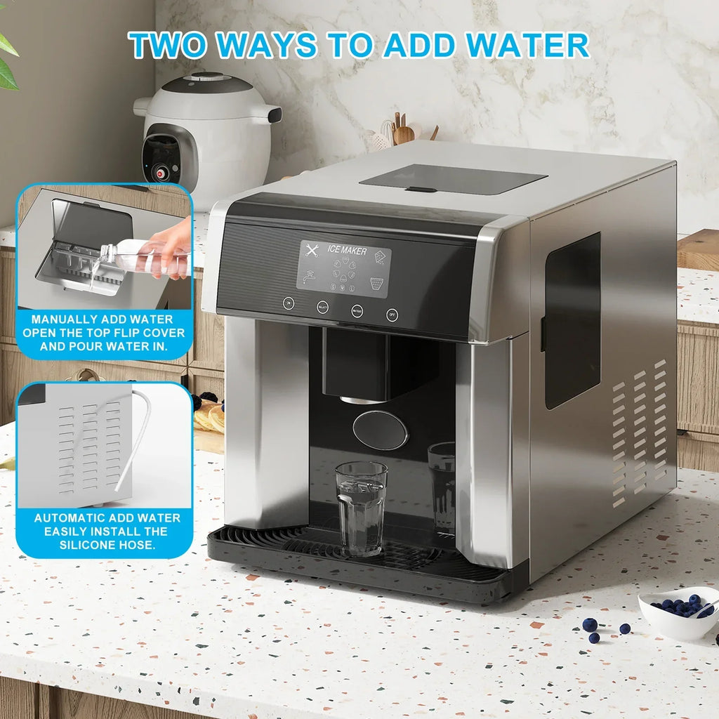 Nouveauté 2026 – Machine à glaçons TABU 3 en 1 avec distributeur d'eau, 18 kg/24 h, fonction glace pilée, autonettoyante, noire
