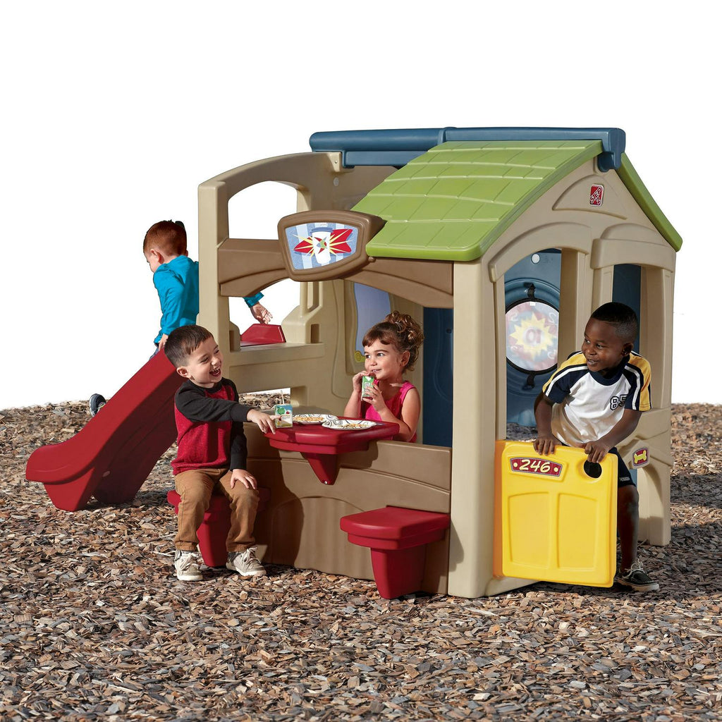 Nouveauté 2026 – Maisonnette marron avec toboggan, centre de loisirs Step2 Neighborhood Fun Center, jouets d'extérieur en plastique pour enfants