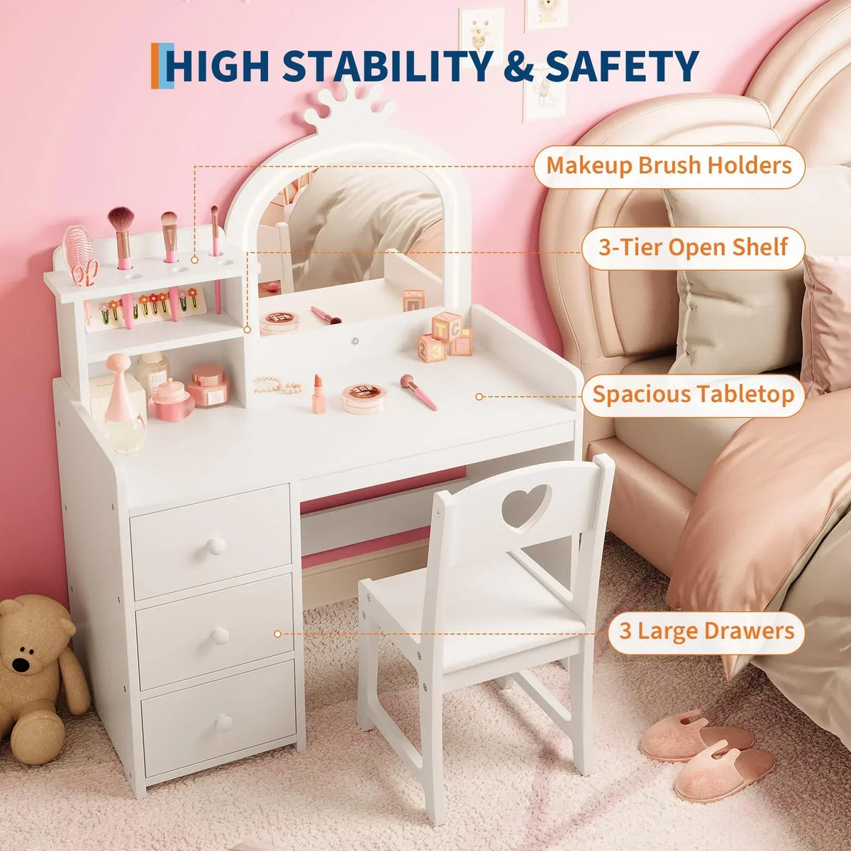 Nouveauté 2026 – Ensemble coiffeuse Yeshouse Princess pour filles avec rangement et éclairage