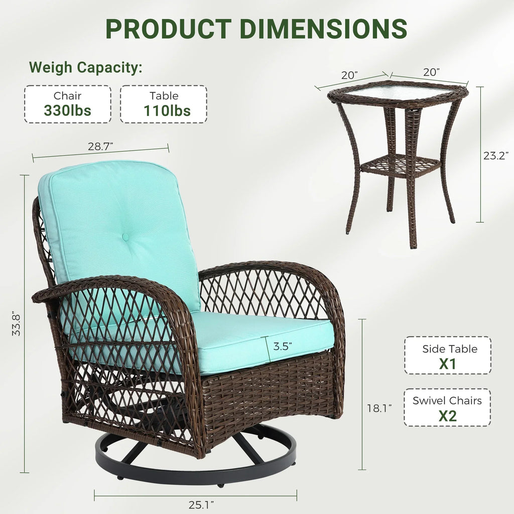 Nouveauté 2026 – Ensemble de 3 fauteuils à bascule pivotants pour patio, 2 fauteuils à bascule pivotants à 360 degrés et 1 table basse en verre, ensemble bistro d'extérieur en rotin PE avec coussins pour balcon, terrasse, piscine, jardin ou véranda