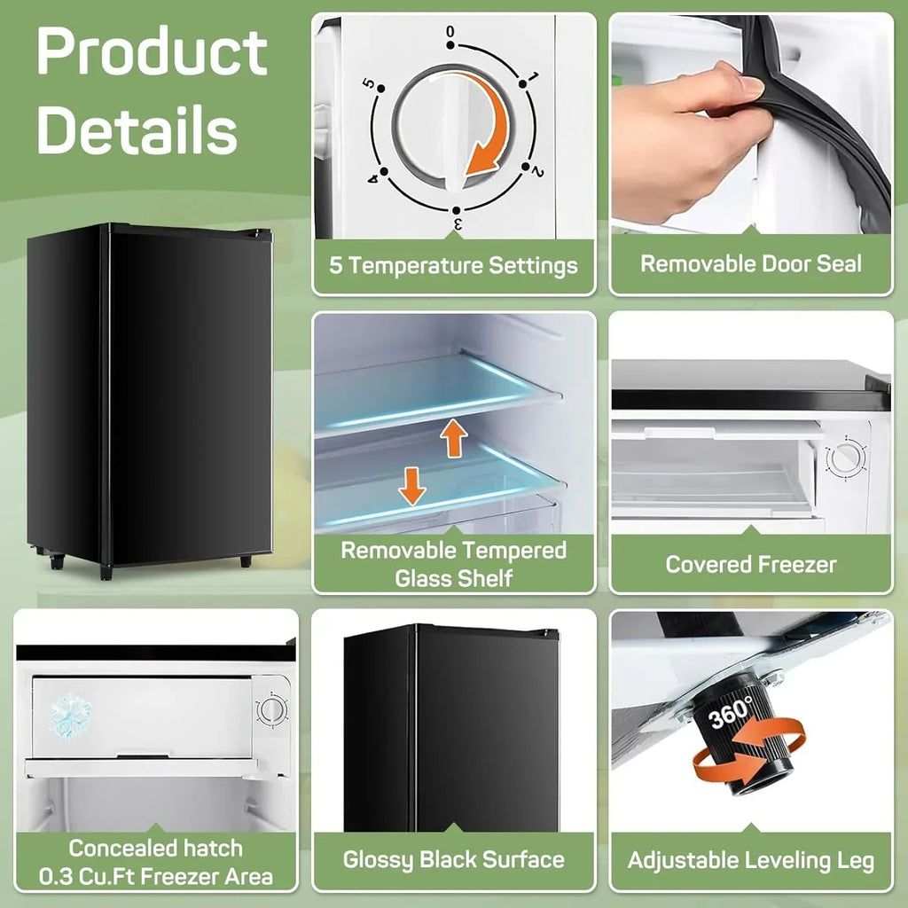 Nouveauté 2026 – Mini-réfrigérateur pour chambre à coucher, 3,2 pi³ (81 L), petit réfrigérateur avec congélateur pour dortoir ou bureau, compact, à une porte, thermostat réglable, silencieux, noir