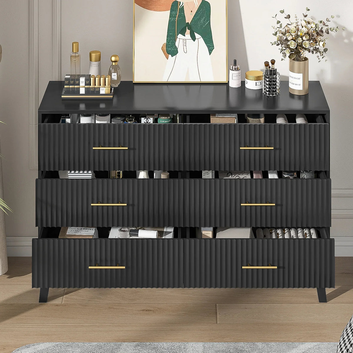 Nouveauté 2026 – Commode à 6 tiroirs Fluted , commode moderne large, commode double à 6 tiroirs