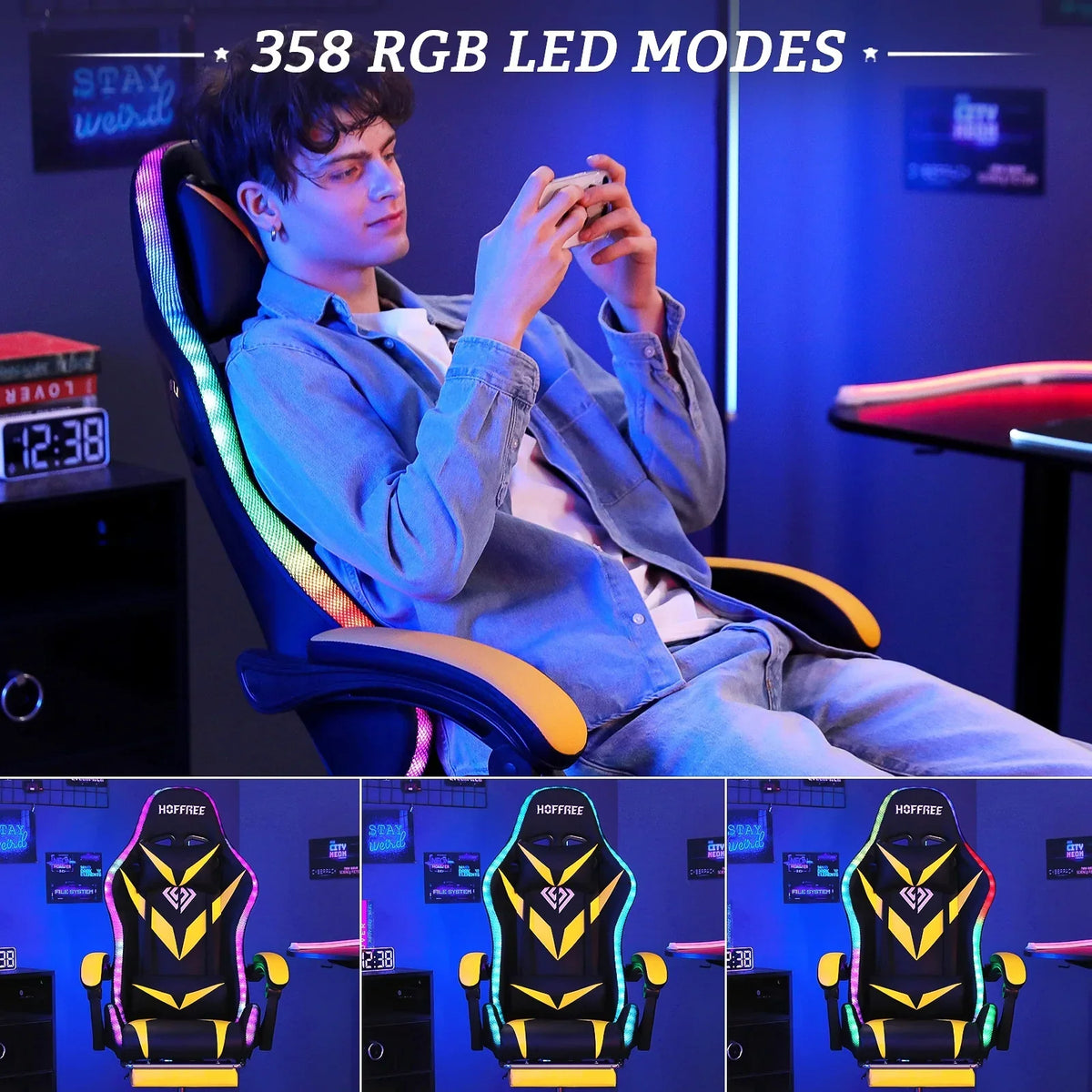 Nouveauté 2026 – Fauteuil de jeu Hoffree avec haut-parleurs intégrés, en cuir PU, repose-pieds et éclairage LED. Fauteuil ergonomique pour gamer avec massage, soutien lombaire et appui-tête pivotant et réglable. Idéal pour le télétravail et le bureau