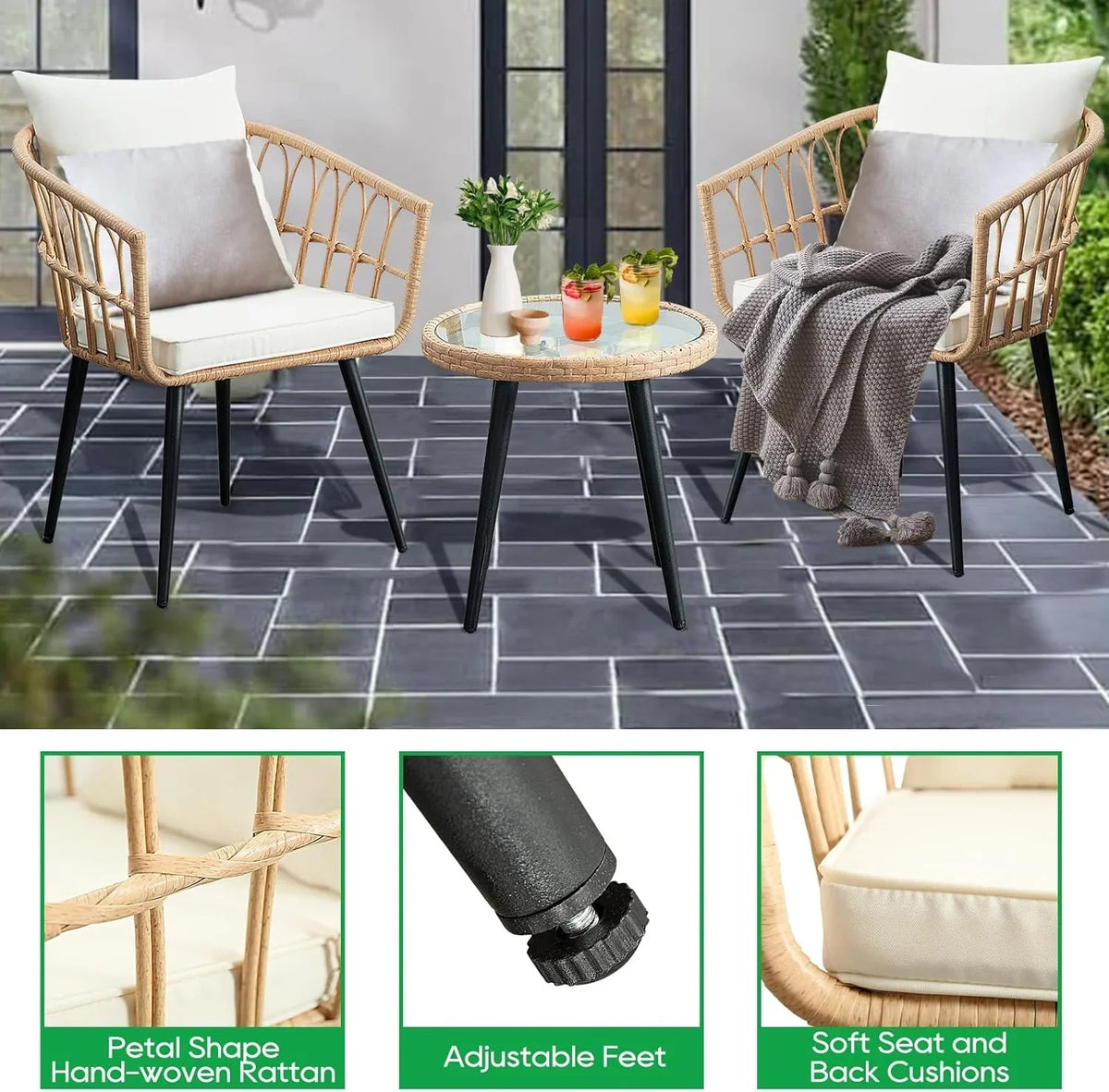 Nouveauté 2026 – Ensemble bistro de patio 3 pièces FHFO , mobilier d'extérieur en résine tressée pour balcon, appartement ou terrasse, ensemble table et chaises en rotin (2 pièces), beige