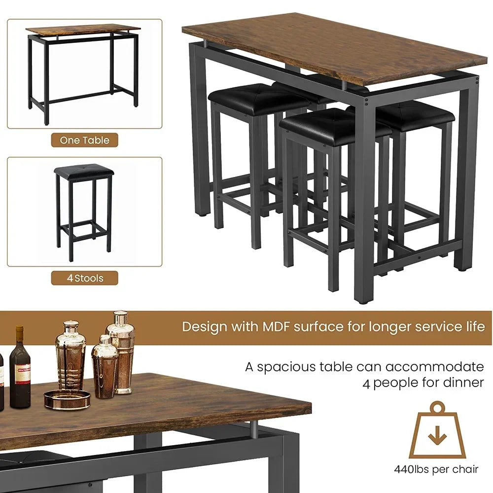 Nouveauté 2026 – Ensemble de table haute 5 places , table de bar et tabourets assortis, table à manger minimaliste avec tabourets sans dossier, ensemble table et chaises de bar avec plateau en bois pour cuisine, appartement ou bistrot - Gain de place