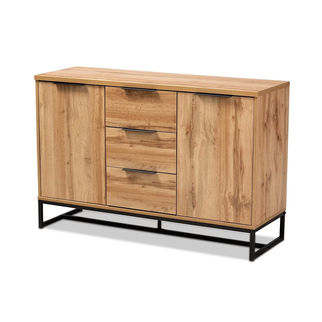 Nouveauté 2026 – Buffet 3 tiroirs Baxton Studio Reid, style industriel moderne et contemporain, finition chêne et métal noir