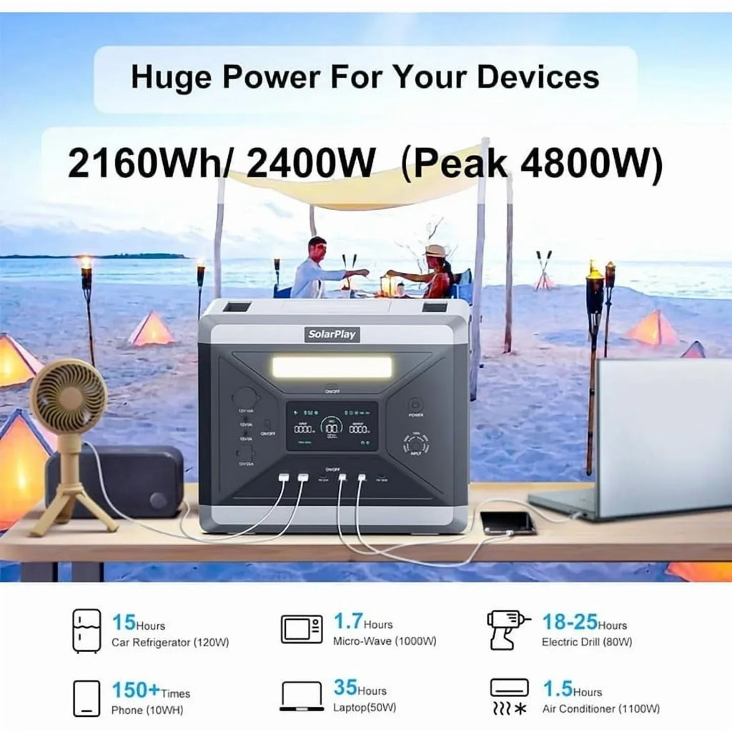 Nouveauté 2026 – Générateur solaire Solarplay 2400 W (4800 W en crête), avec panneau solaire de 400 W et batterie LiFePO4 portable de 2160 Wh, idéal pour le camping, la maison et les véhicules de secours