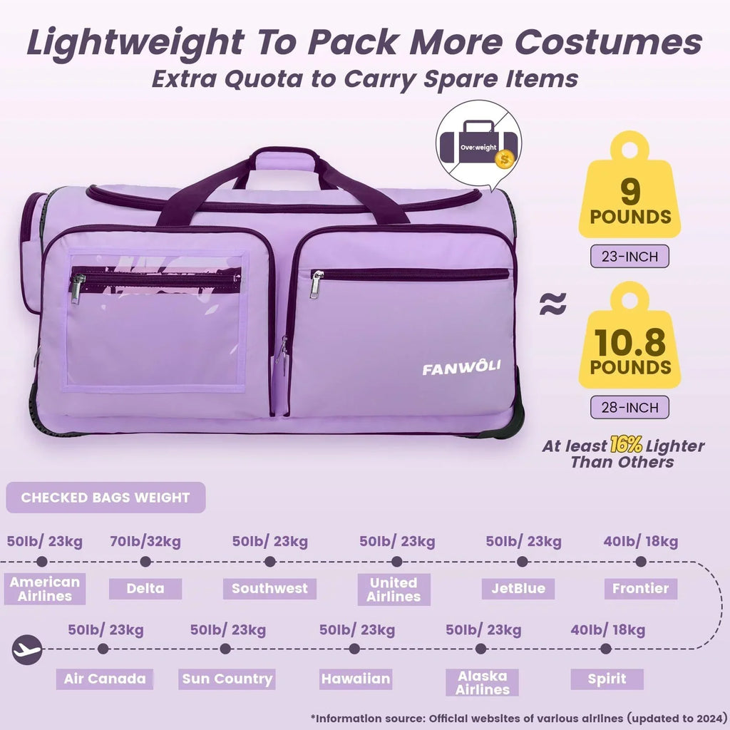 Nouveauté 2026 – Sac de danse Fegat avec portant - Sac de danse pliable à roulettes de 71 cm (28 pouces) pour compétitions, danse, spectacles, streamers et athlètes. Valise légère à roulettes