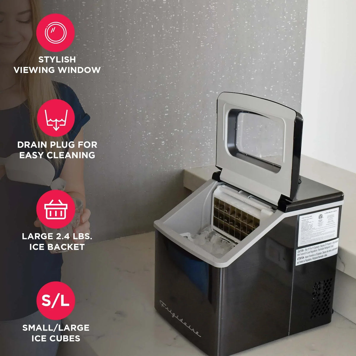 Nouveauté 2026 – Machine à glaçons carrée transparente de comptoir Frigidaire , 18 kg (40 lb) - Acier inoxydable