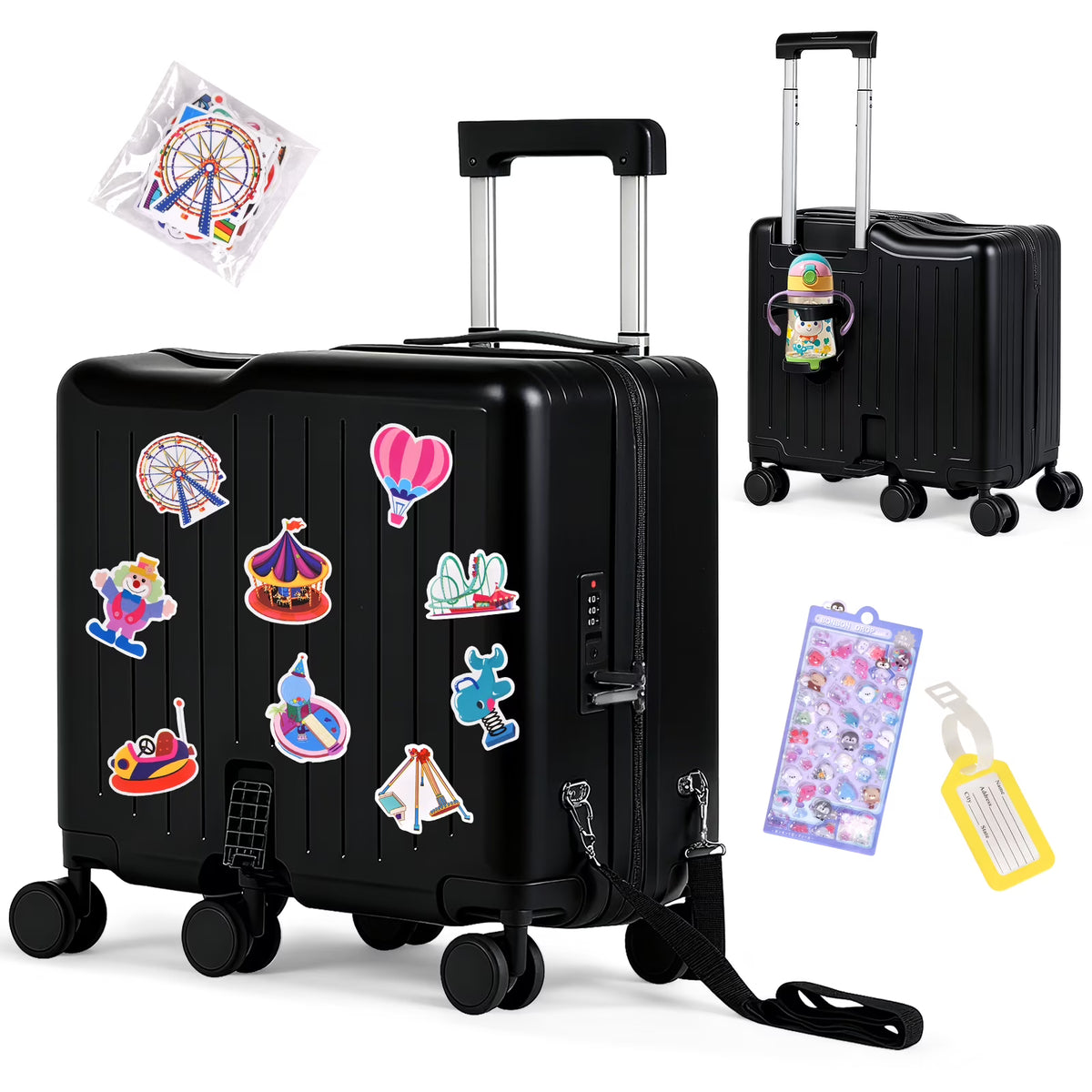 Nouveauté 2026 – Valise à roulettes Advwin pour enfants, avec sangle de traction, repose-pieds, porte-gobelet, 6 roues et poignée réglable, valise pivotante de 45,7 cm (18 pouces) avec autocollants et carte d'embarquement, rose