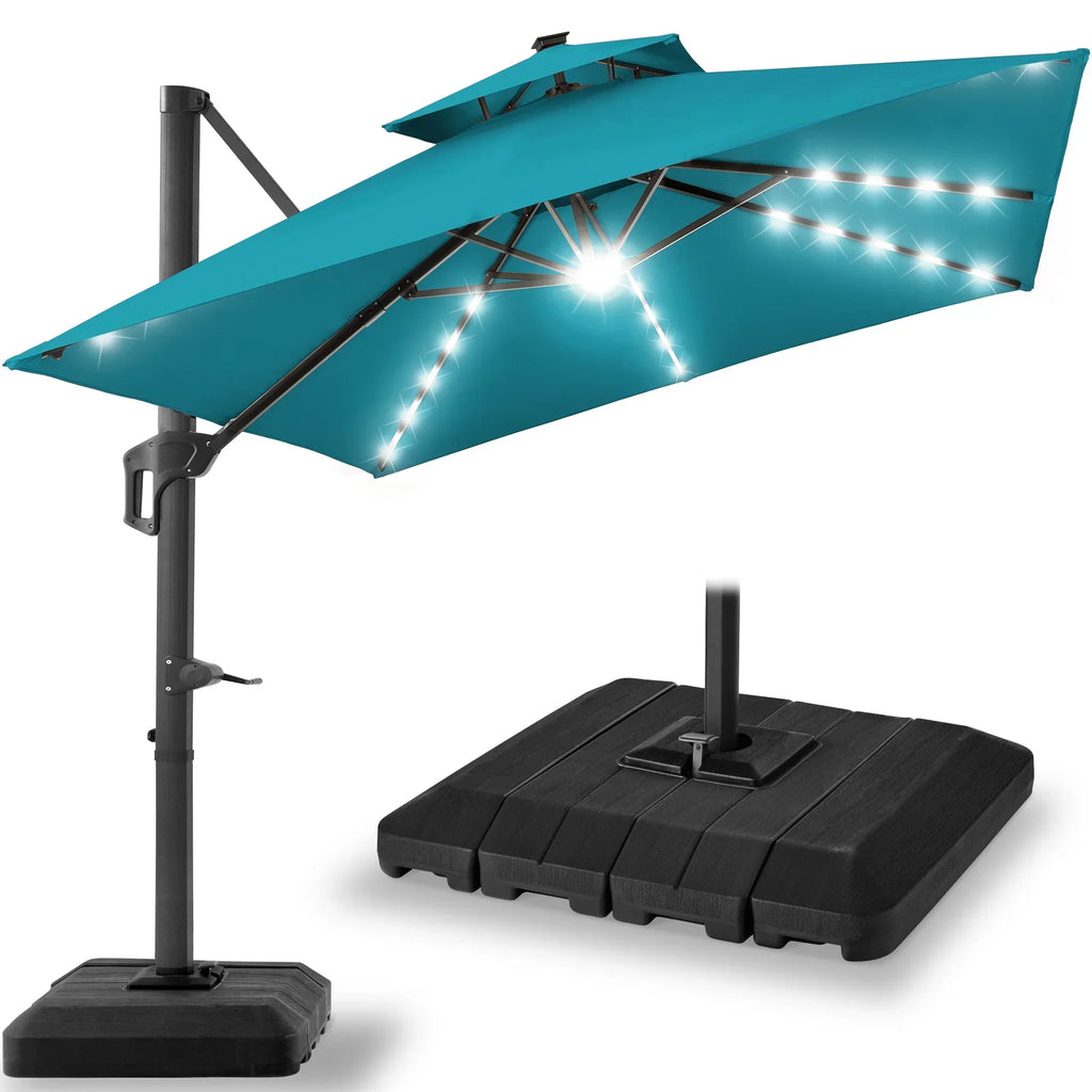 Nouveauté 2026 – Parasol de terrasse carré déporté à deux niveaux, 3 x 3 m, à éclairage solaire LED, avec base incluse (Best Choice Products, ) - Beige