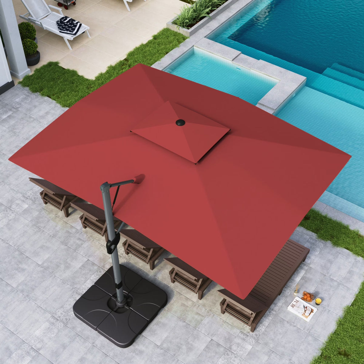 Nouveauté 2026 – Parasol d'extérieur Alpha Joy 12x9pi (3,66 x 2,74 m), grand modèle rectangulaire déporté à double structure, rotation à 360°, beige