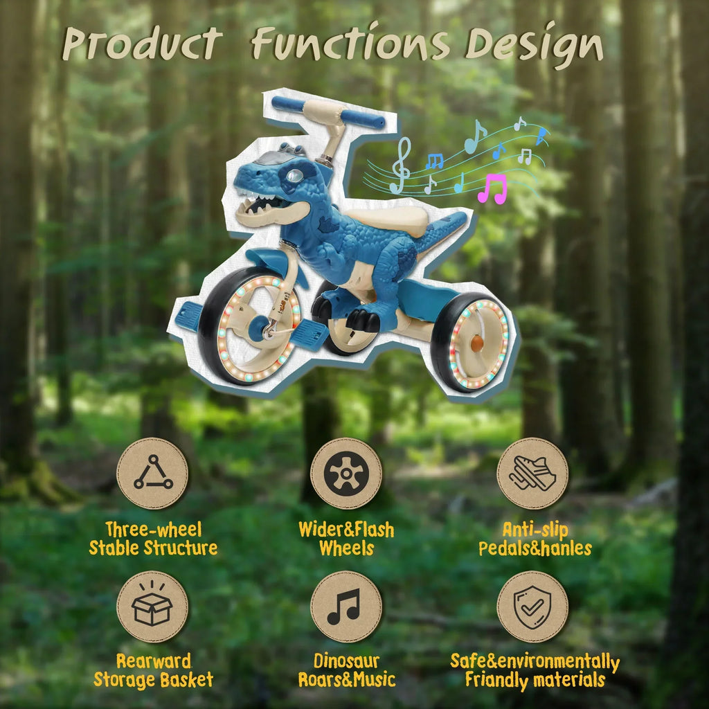Nouveauté 2026 – Tricycle dinosaure Xuanlur pour enfants , avec larges roues lumineuses, pédales antidérapantes, panier arrière, musique et lumières LED, jouet idéal pour les enfants de 3 à 6 ans (vert