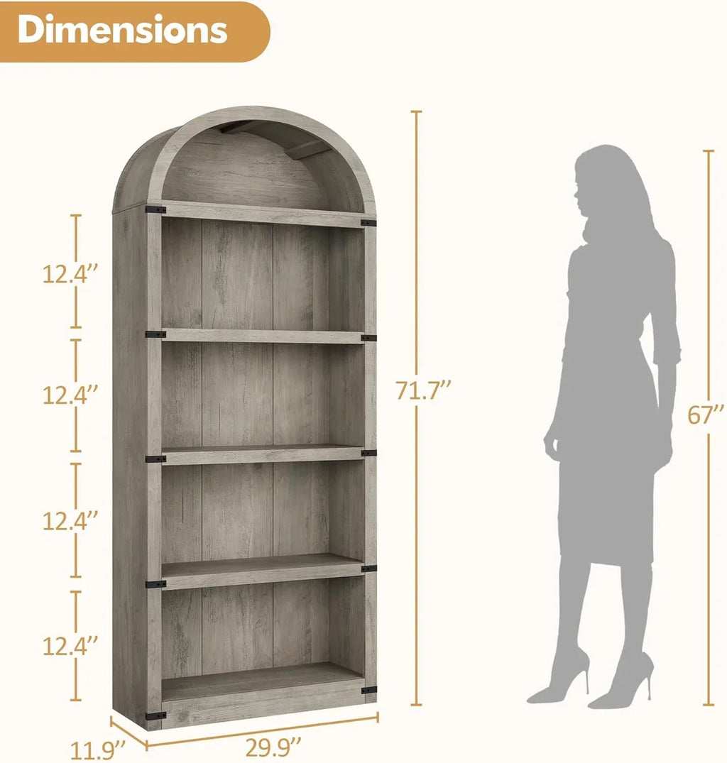 Nouveauté 2026 – Bibliothèque arquée à 5 étagères, 182 cm de haut, style ferme, étagère de rangement en bois pour la maison, le bureau ou le salon (blanche