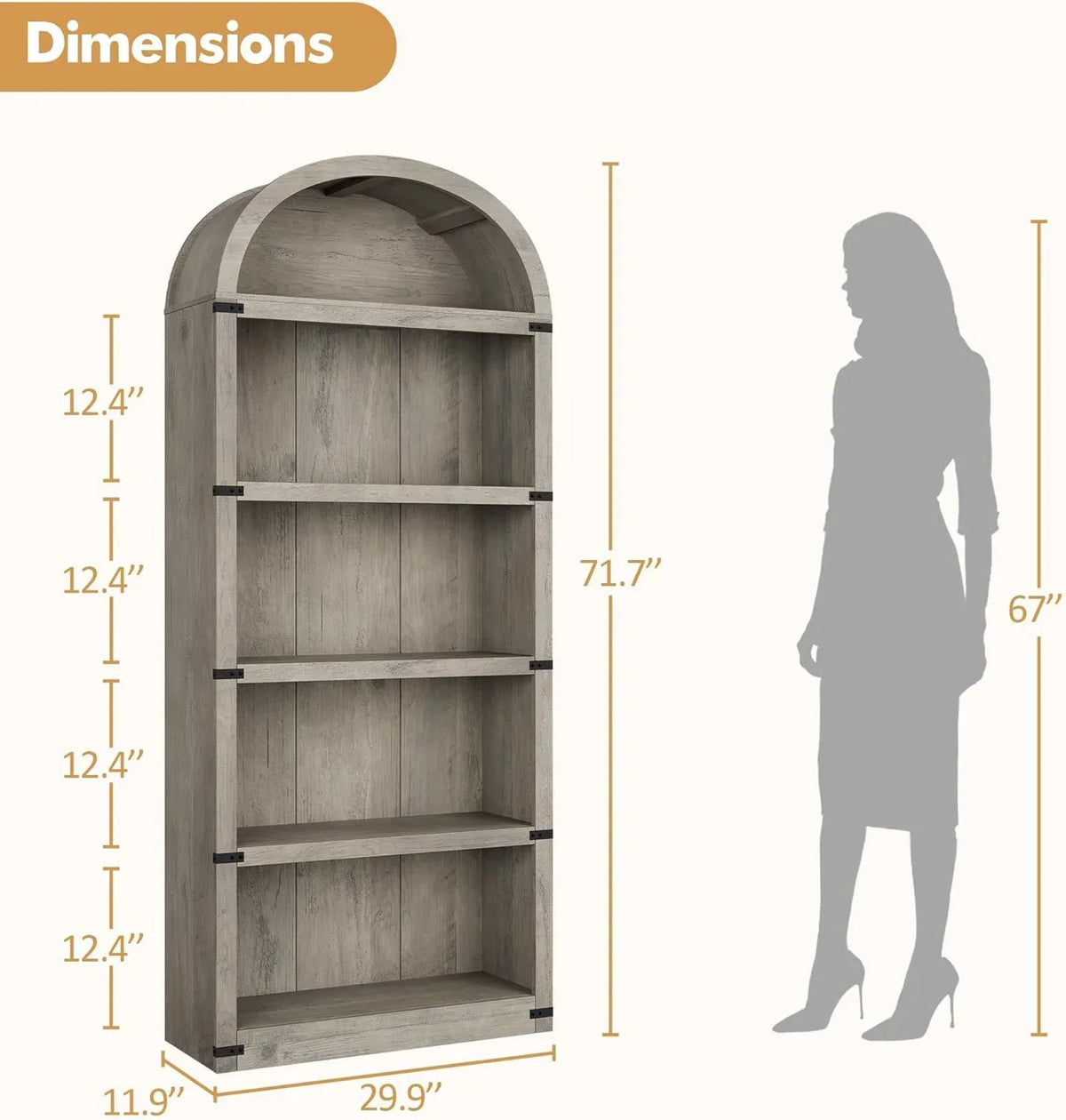 Nouveauté 2026 – Bibliothèque arquée à 5 étagères, 182 cm de haut, style ferme, étagère de rangement en bois pour la maison, le bureau ou le salon (blanche