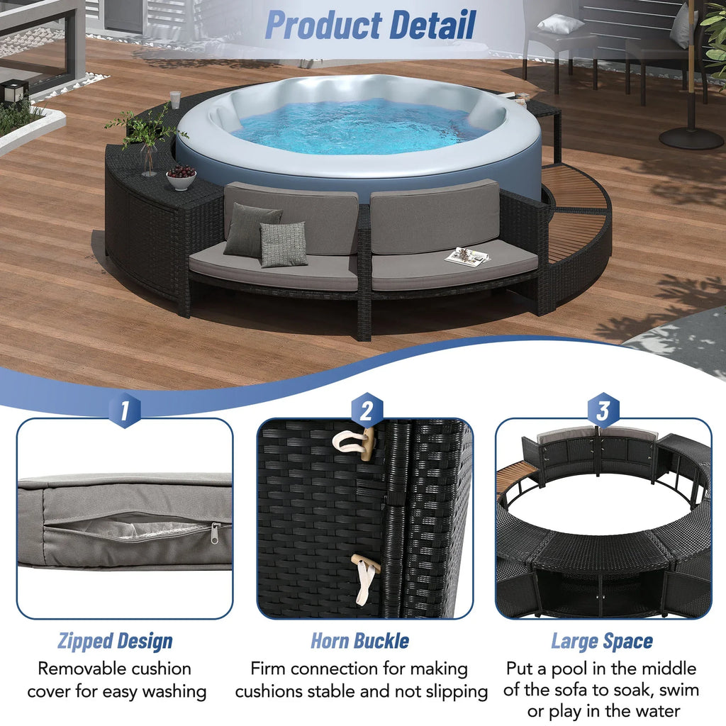Nouveauté 2026 – Ensemble de mobilier de jardin Round pour spa , canapé d'angle en rotin avec mini-canapé, rangement pour spa en bois d'acacia massif, coussins gris