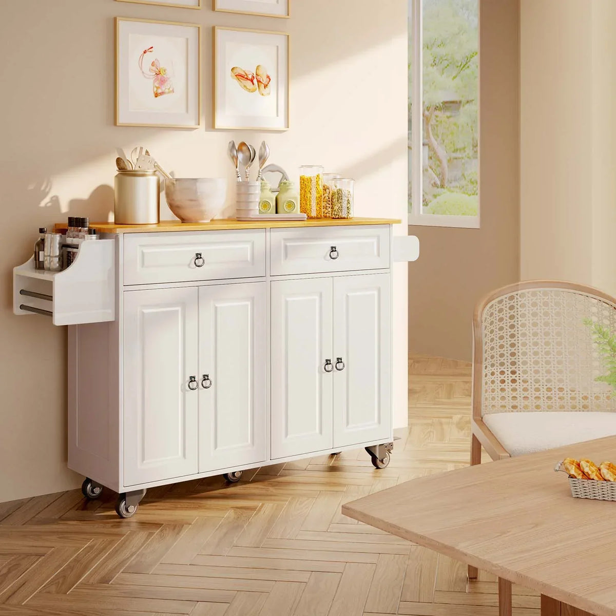 Nouveauté 2026 – Îlot de cuisine Lofka 52 pouces (132 cm) avec rangement sur roulettes et abattant en bois, idéal pour les petites cuisines