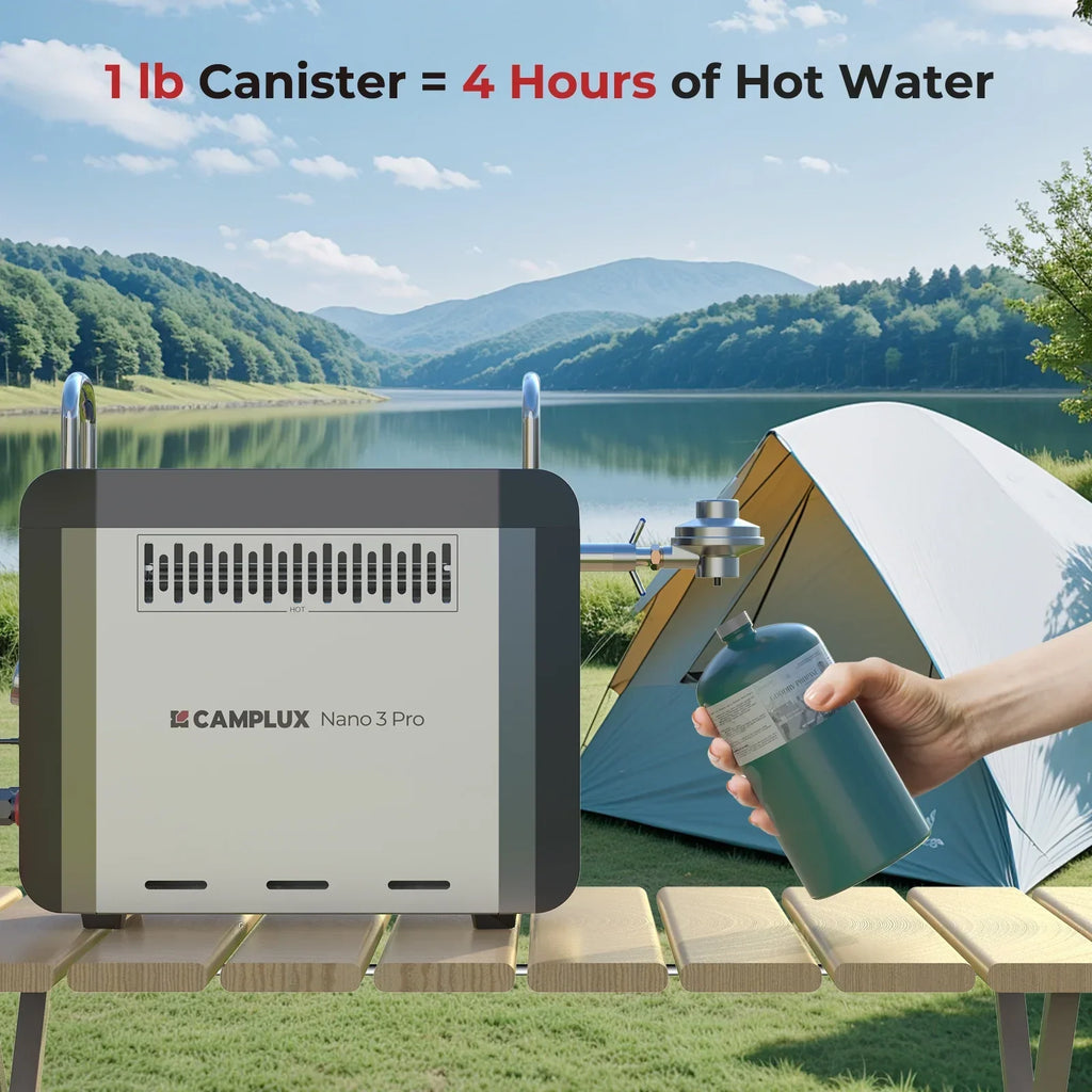 Nouveauté 2026 – Chauffe-eau portable au propane CAMPLUX Nano 3 Pro avec batterie, eau chaude instantanée pour le camping et les activités de plein air