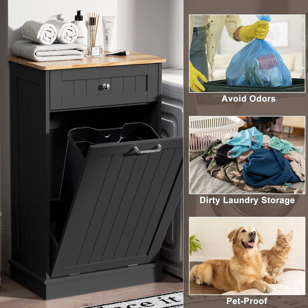 Nouveauté 2026 – Meuble poubelle basculant HARIPUL pour bac à déchets de 49 litres (13 gallons), meuble poubelle de cuisine autoportant avec tiroirs, blanc