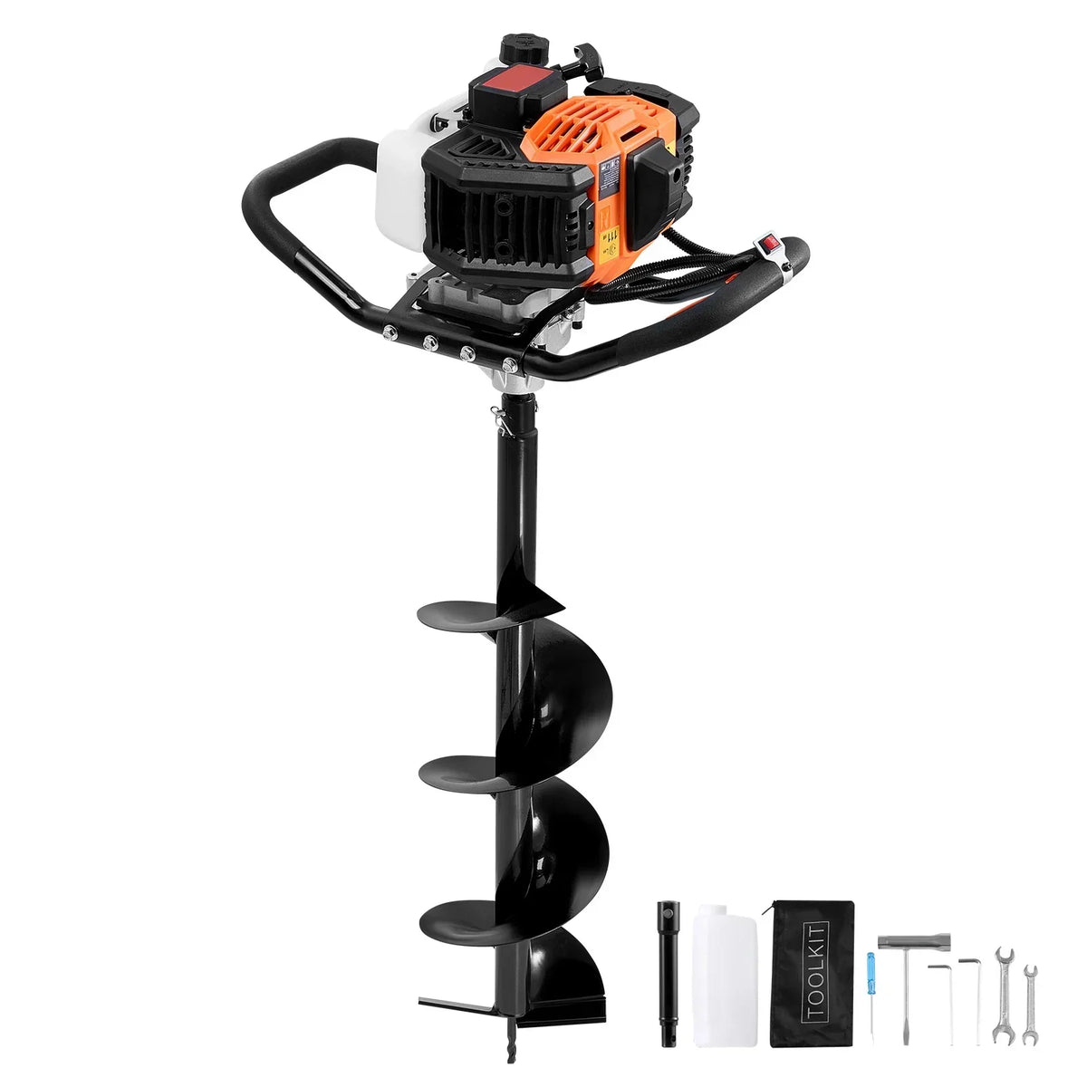 Nouveauté 2026 – Tarière à essence KFFKFF , 52 cm³, 1450 W, avec foret de 20 cm et rallonge, idéale pour le jardinage, les travaux agricoles et la pose de clôtures, orange et noir