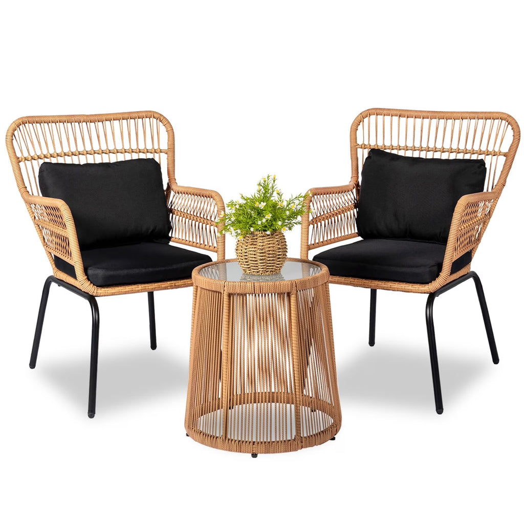 Nouveauté 2026 – Ensemble bistro de conversation 3 pièces Tappio pour patio, mobilier de jardin en rotin, table basse en verre et coussins, jaune/beige, idéal pour le jardin, le balcon, la terrasse ou la piscine