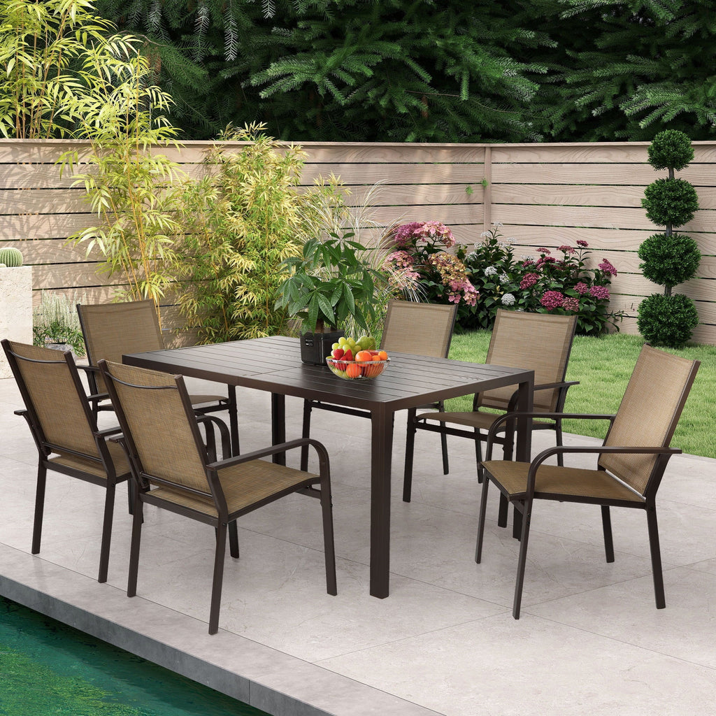 Nouveauté 2026 – Ensemble de salle à manger d'extérieur 7 pièces , comprenant une table et des chaises pour 6 personnes, un plateau en plastique imitation bois et un mobilier de jardin en textilène. Idéal pour terrasse ou patio