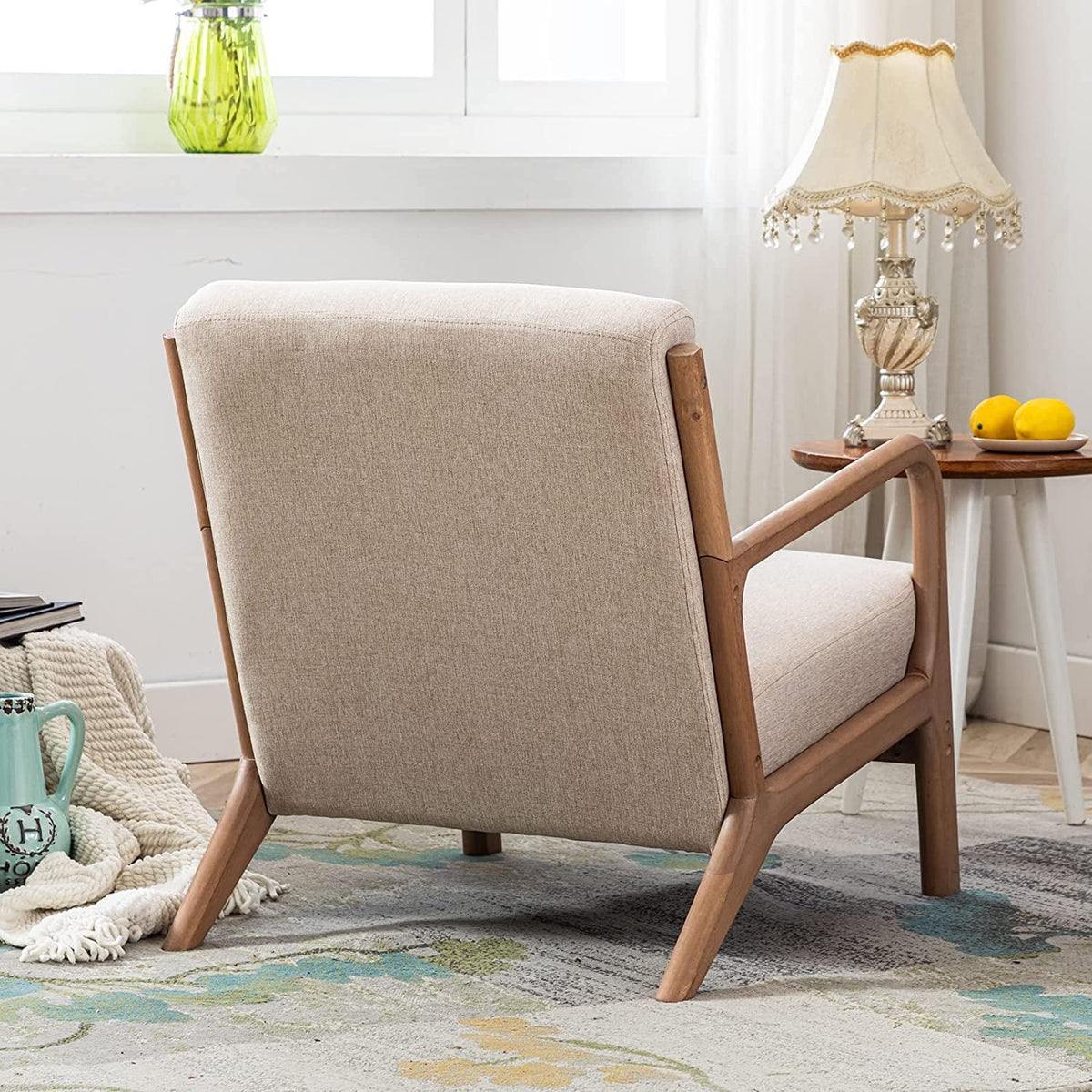 Nouveauté 2026 – Fauteuil d'appoint Bonzy Home style moderne milieu de siècle , fauteuil de lecture/détente en tissu avec structure en bois massif, montage facile, beige