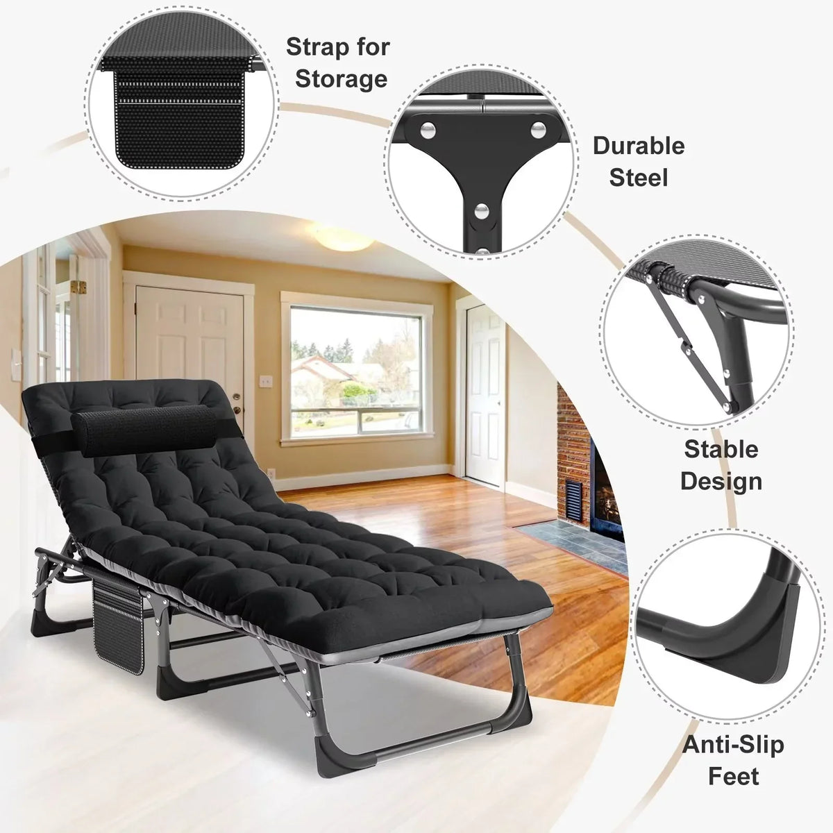 Nouveauté 2026 – Chaise longue MOPHOTO avec matelas, supportant jusqu'à 200 kg, lit de camp portable et robuste, réglable, idéal pour le camping, la piscine, la plage et la terrasse