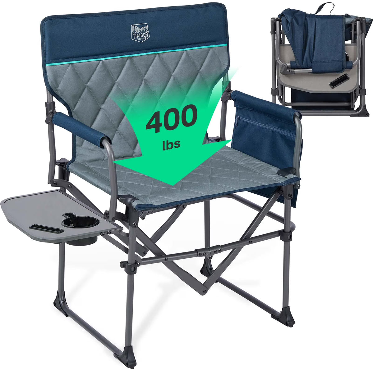 Nouveauté 2026 – Chaise de réalisateur portable TIMBER RIDGE , chaise de camping pliante robuste et compacte avec poche latérale et tablette latérale, supporte jusqu'à 181 kg, grise