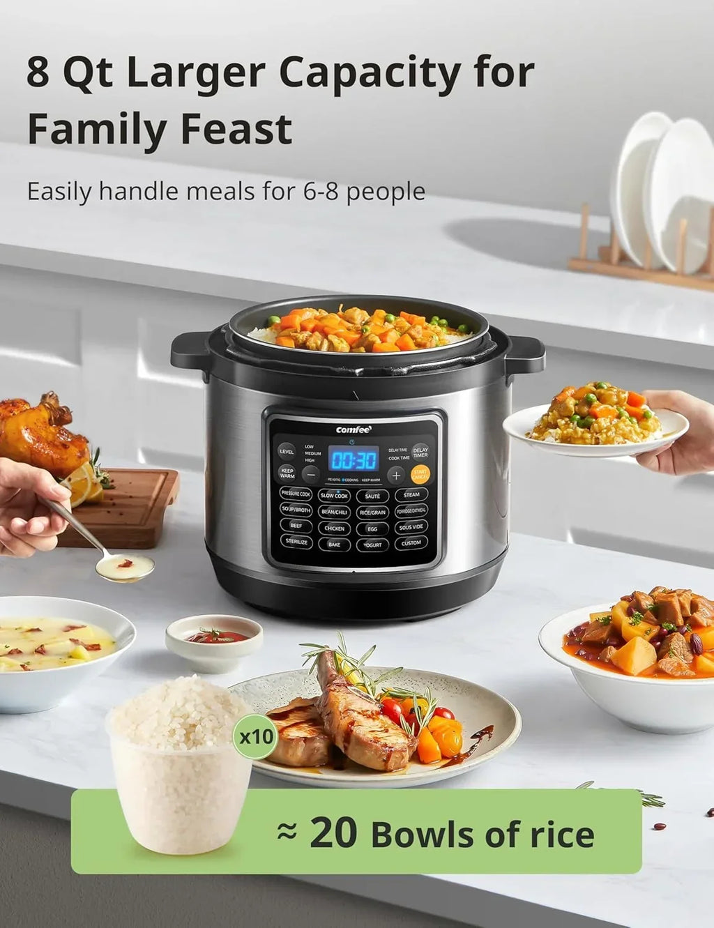 Nouveauté 2026 – COMFEE" 16 en 1 Autocuiseur électrique instantané multifonction avec fonction antiadhésive, yaourtière, cuiseur à riz, mijoteuse et cuiseur vapeur 8 litres en acier inoxydable