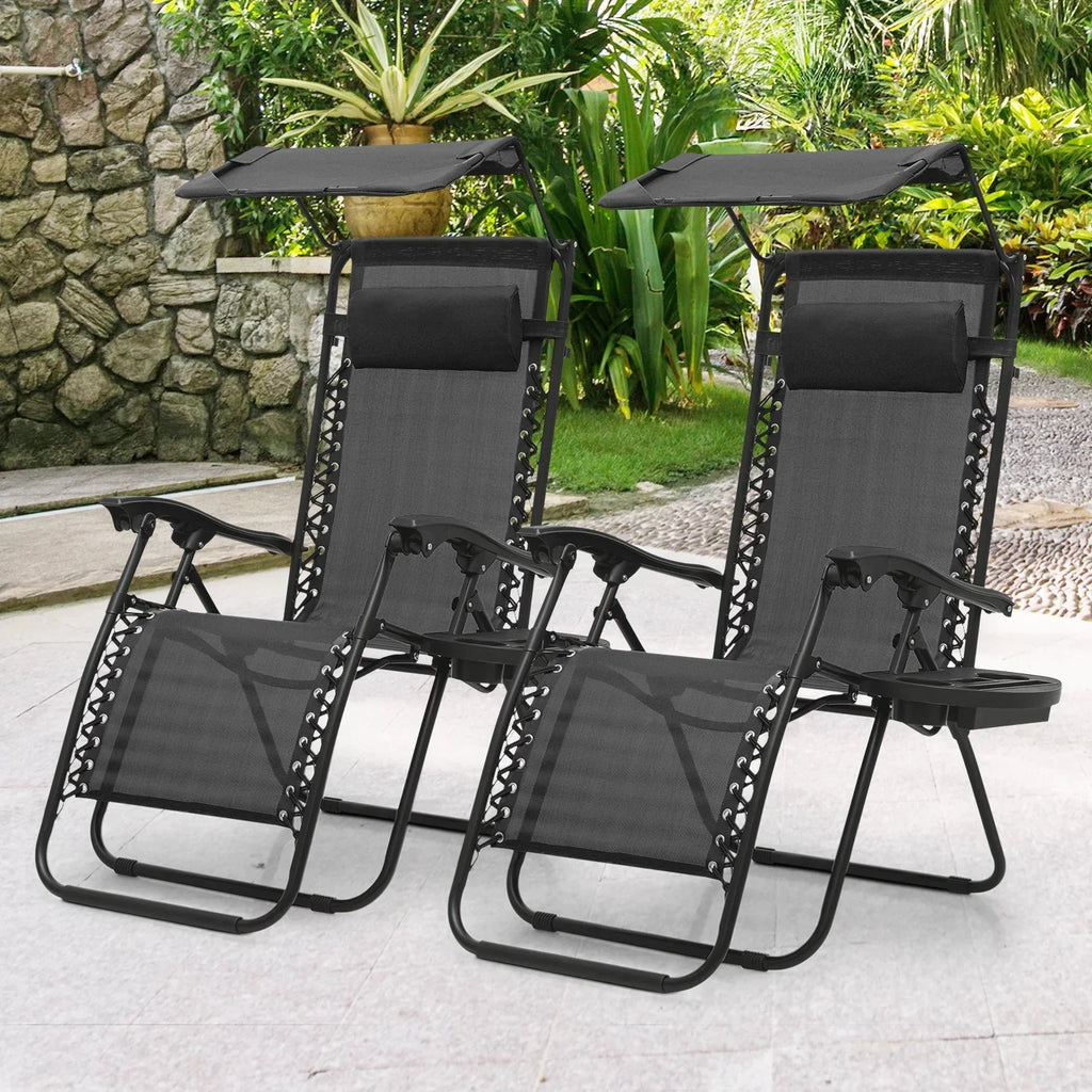 Nouveauté 2026 – Ensemble de 2 chaises MoNiBloom Zero Gravity , fauteuils de plage/terrasse pliables avec auvent et appui-tête, noirs