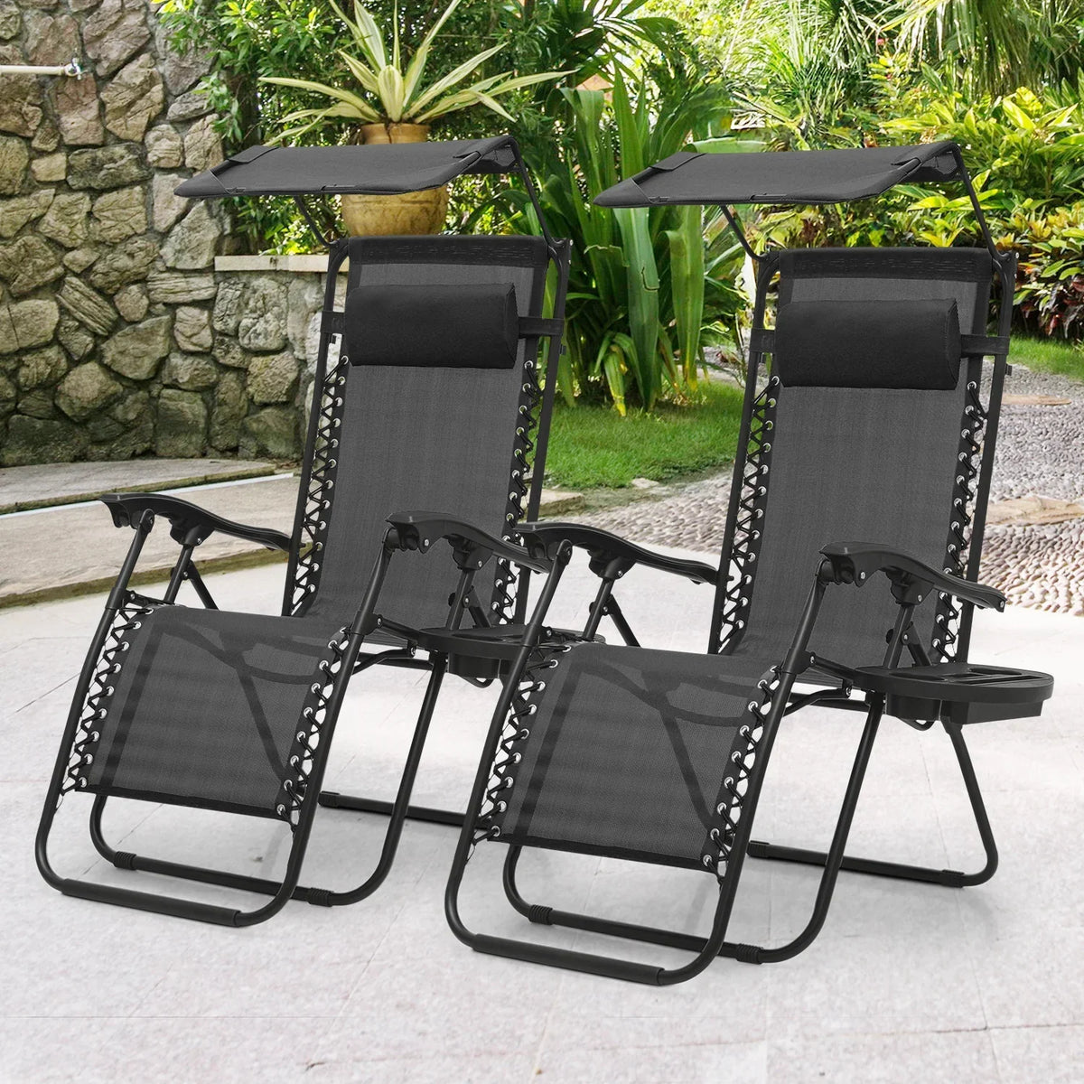 Nouveauté 2026 – Ensemble de 2 chaises MoNiBloom Zero Gravity , fauteuils de plage/terrasse pliables avec auvent et appui-tête, noirs