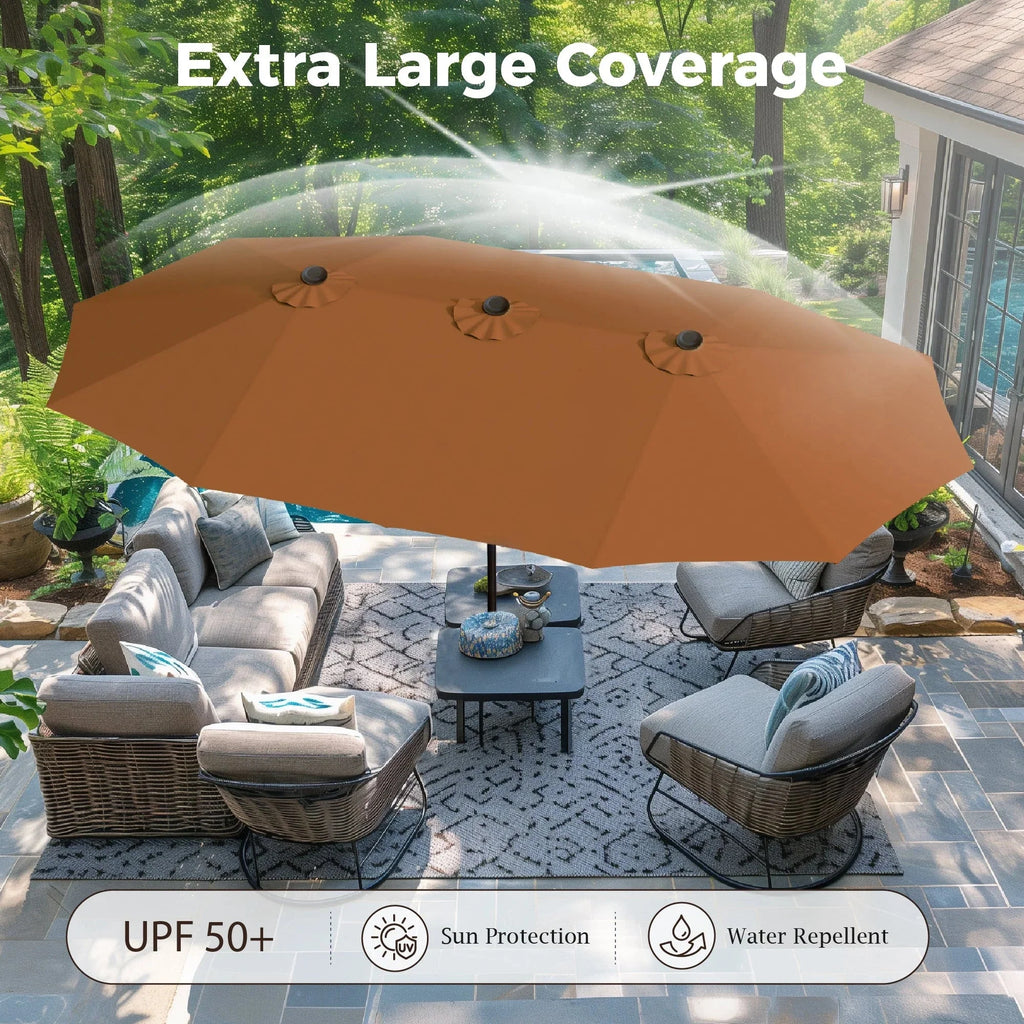 Nouveauté 2026 – Parasol de jardin extra-large Alpha Joy 4,57 m (15 pi) à double face avec manivelle et base - Gris fumé