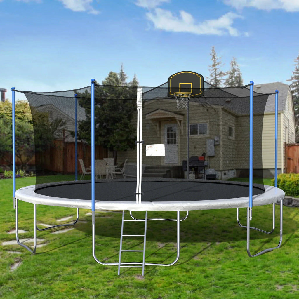 Nouveauté 2026 – Trampoline d'extérieur 4,27 m (14 pi) neuf de avec filet de sécurité, structure tubulaire en acier, échelle et filet de protection - Modèle robuste, bleu