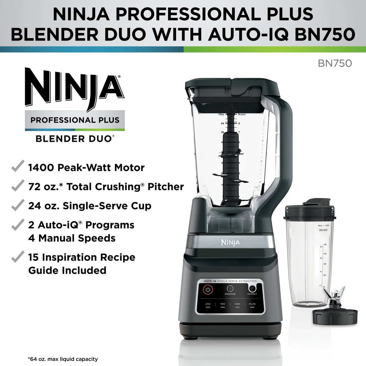 Nouveauté 2026 – Blender Ninja Professional Plus DUO , 1400 W, 2 programmes Auto-IQ pour smoothies, extraction des nutriments, pichet de broyage total de 2,1 L* et (1) gobelet de 710 ml à emporter, noir, BN750