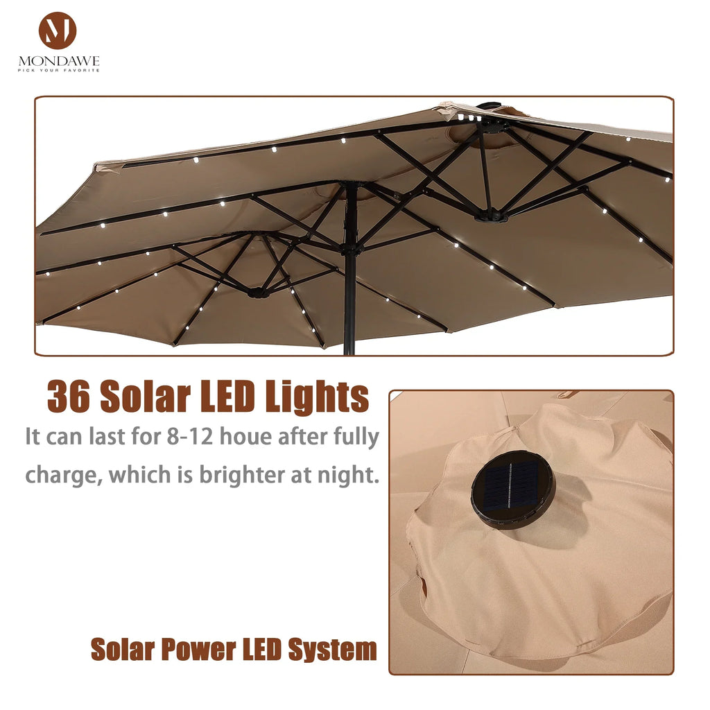 Nouveauté 2026 – Parasol rectangulaire Mondawe 4,57 m (15 pi) avec base et éclairage LED beige
